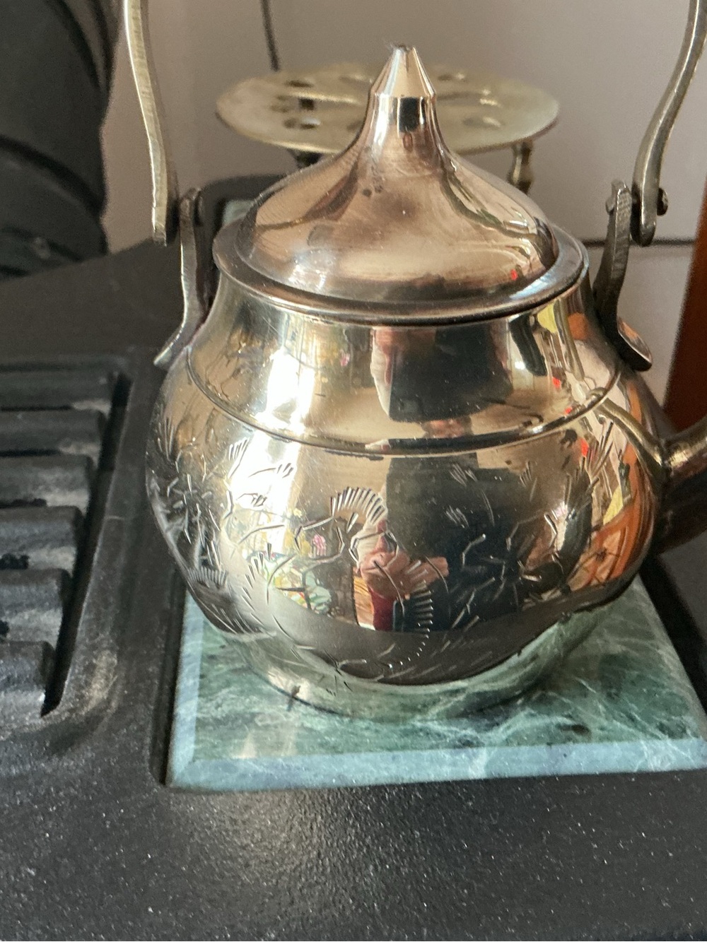 Polished Brass Teapot with Engraved Floral Design - Brass Finish